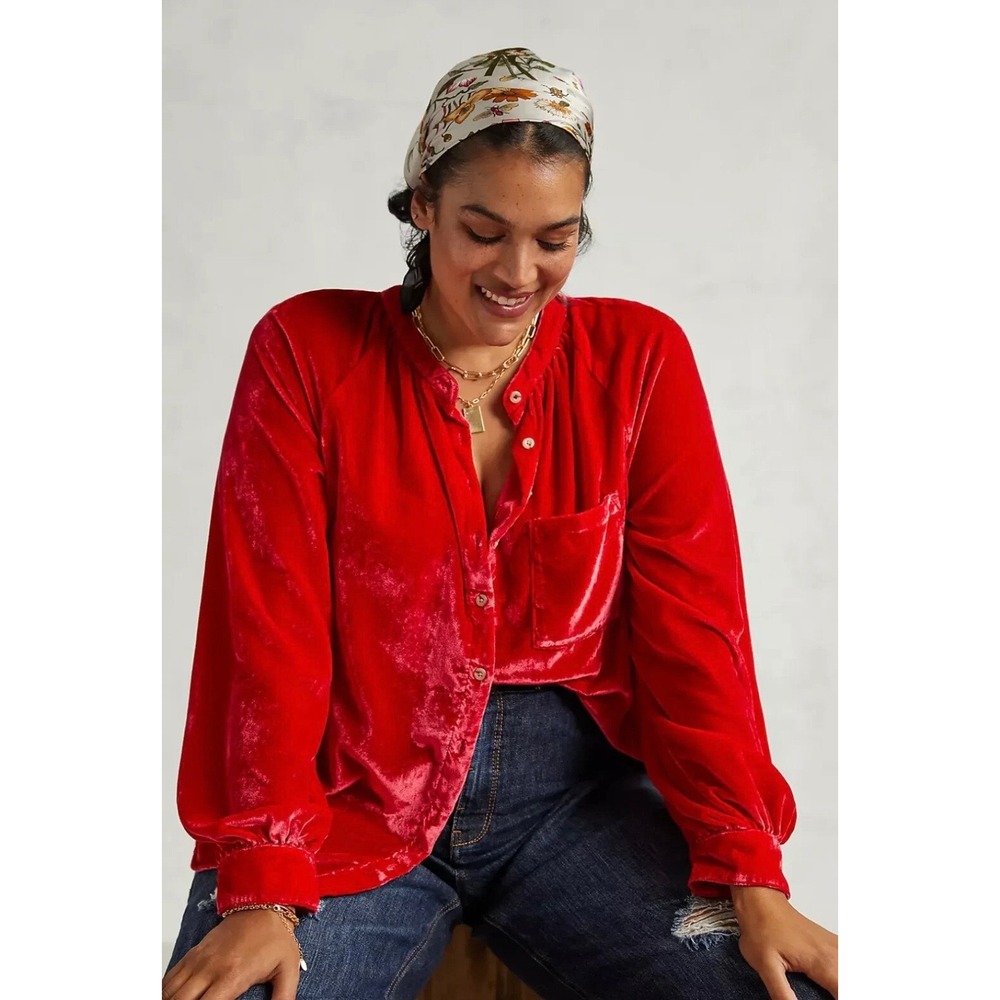 Pilcro Red Velvet Button Down Blouse Band Collar NWT S Holiday Elegant Luxe Soft